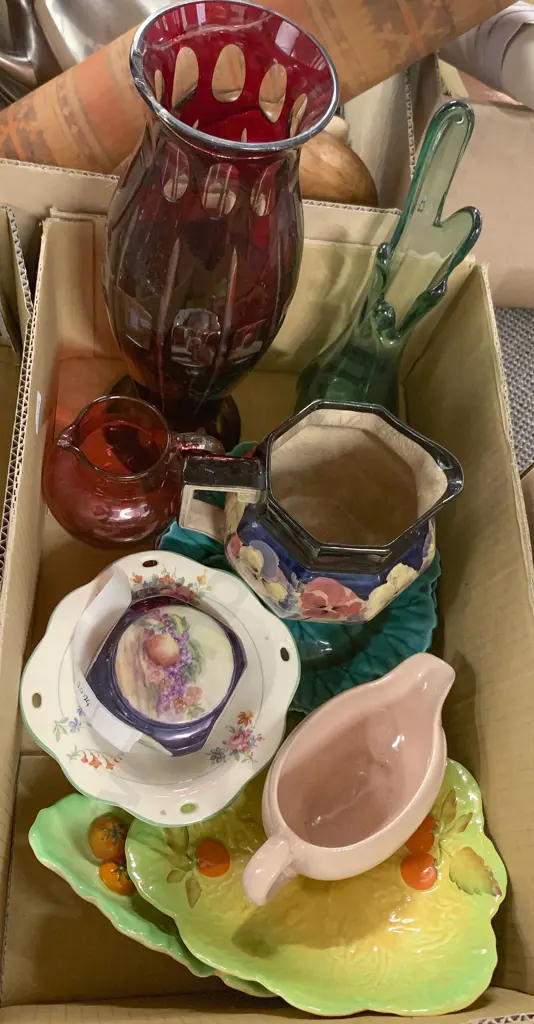 Box of Assorted China and Art Glass including Wedgwood Image 1++