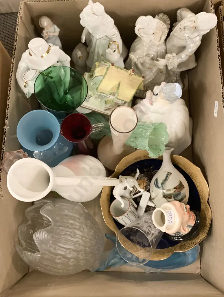 Box of Assorted Art Glass and Ceramic Figures Image 1++