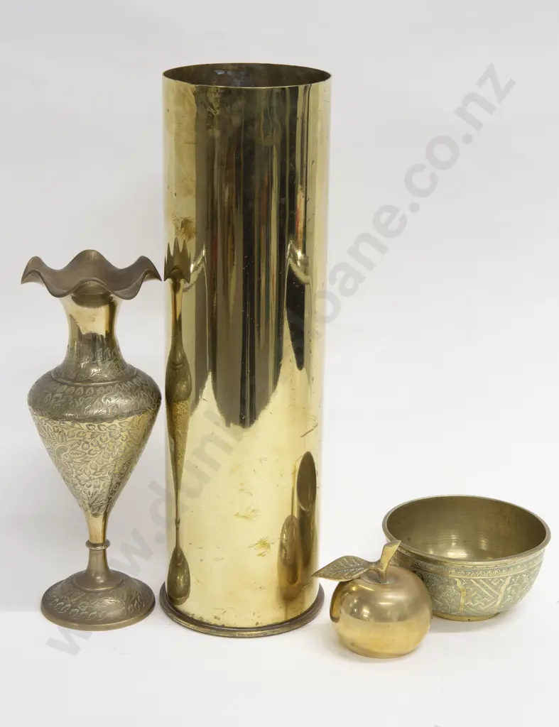 Four Pieces of Decorative Brass Ware including Shell Casing and Apple Form Bell Image 1++