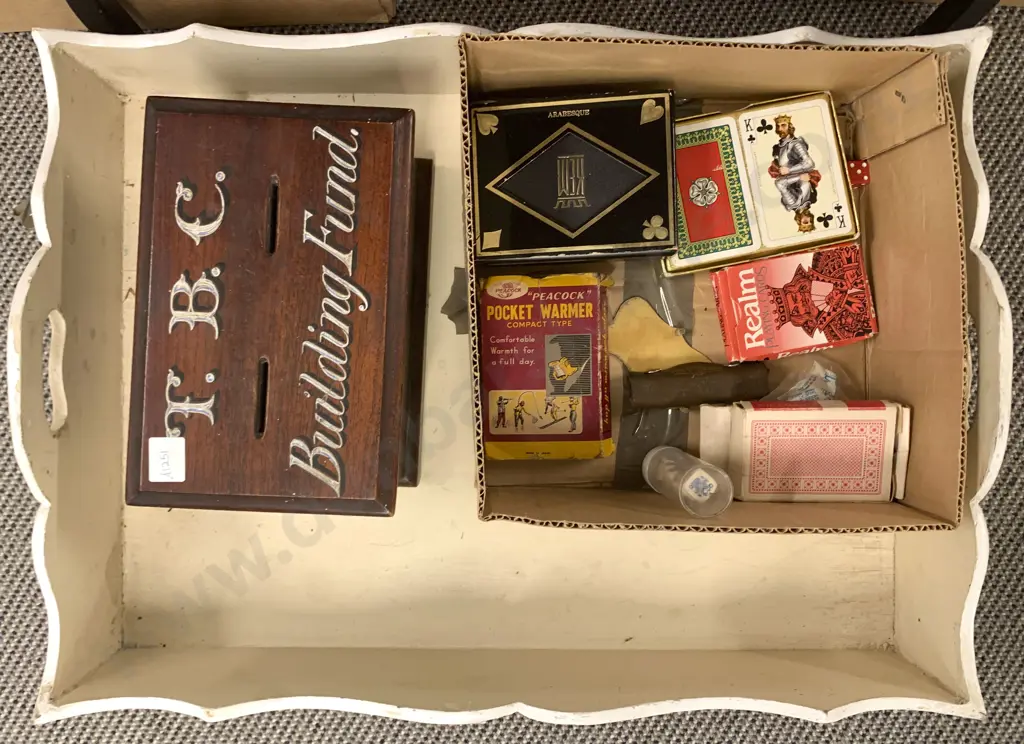 TBC Building Fund Vintage Money Box With Mixed Coinage Together With Mixed Playing Cards etc. on White Painted Tray Image 1++