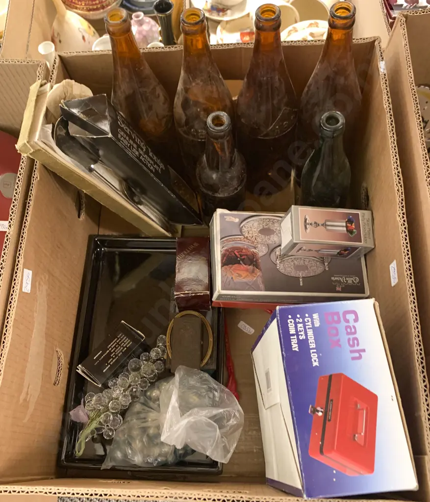 Box of Assorted Drinking Ware and Vintage Bottles Image 1++