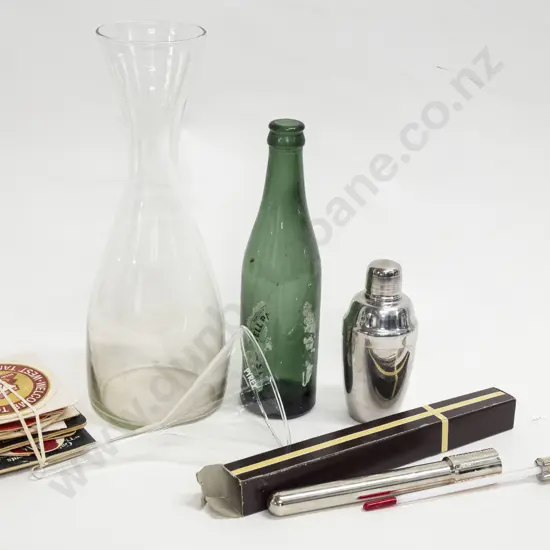 Box of Assorted Drinking Ware and Vintage Bottles