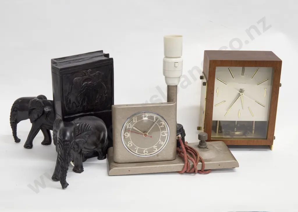 Vintage Clock Lamp Together With Other Clock and Pair of Ebonized Elephant Form Bookends Image 1++