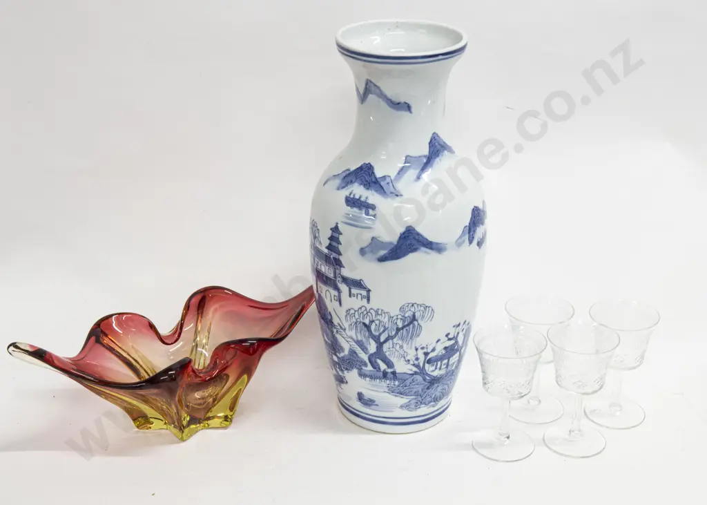 Blue and White Vase Together With Art Glass Vase and Four Etched Crystal Glasses Image 1++