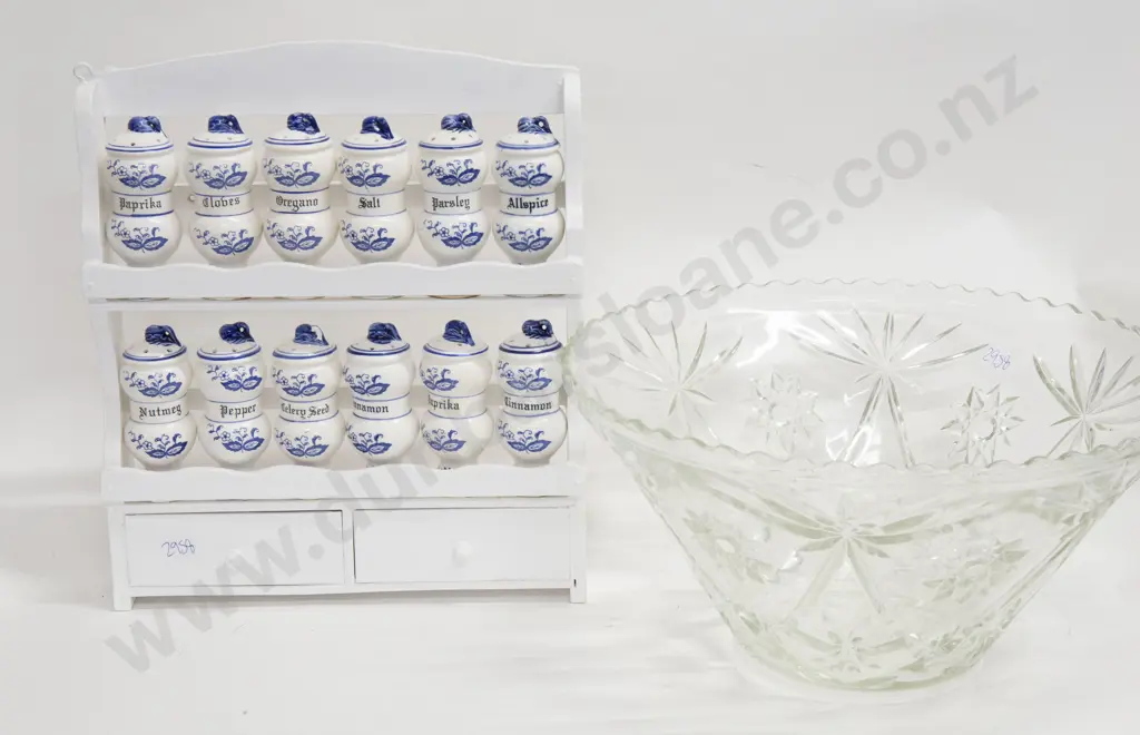 Cut Glass Punch Bowl Together With Spice Rack with Ceramic Spice Jars Image 1++
