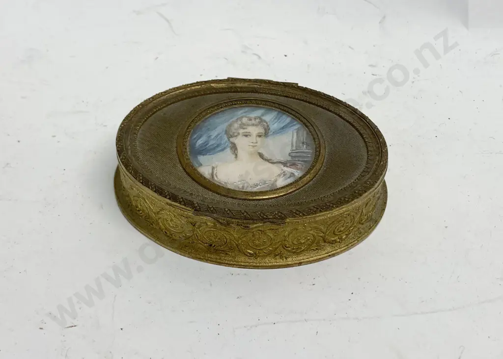 French Gilt Trinket Box Decorated with Portrait Miniature to Lid Image 1++