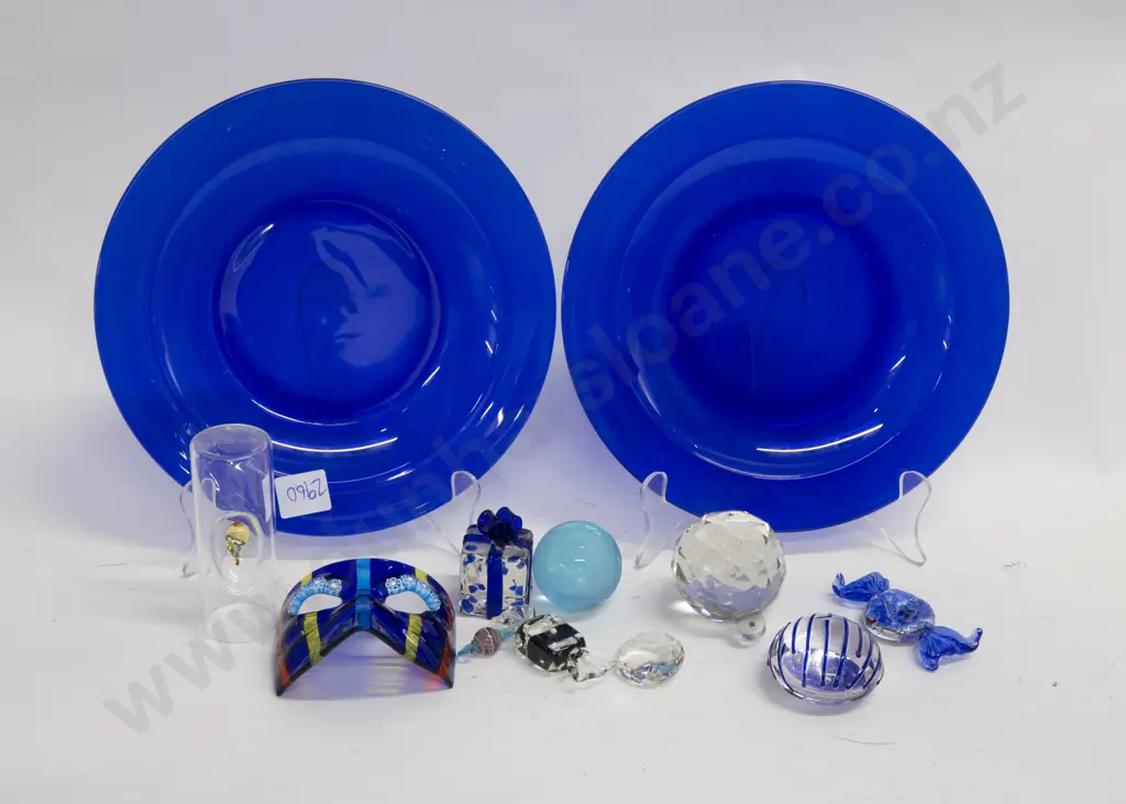 Quantity of Assorted Art Glass Ornaments on Two Blue Glass Plates Image 1++