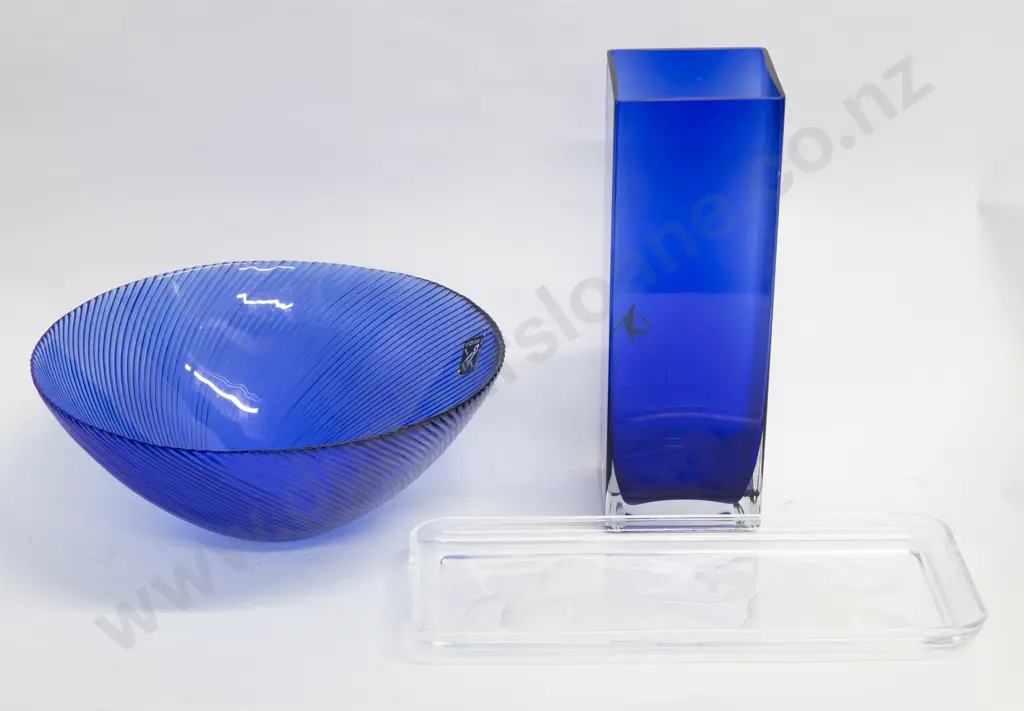 Blue Glass Vase Together With Spanish Art Glass Fruit Bowl Image 1++
