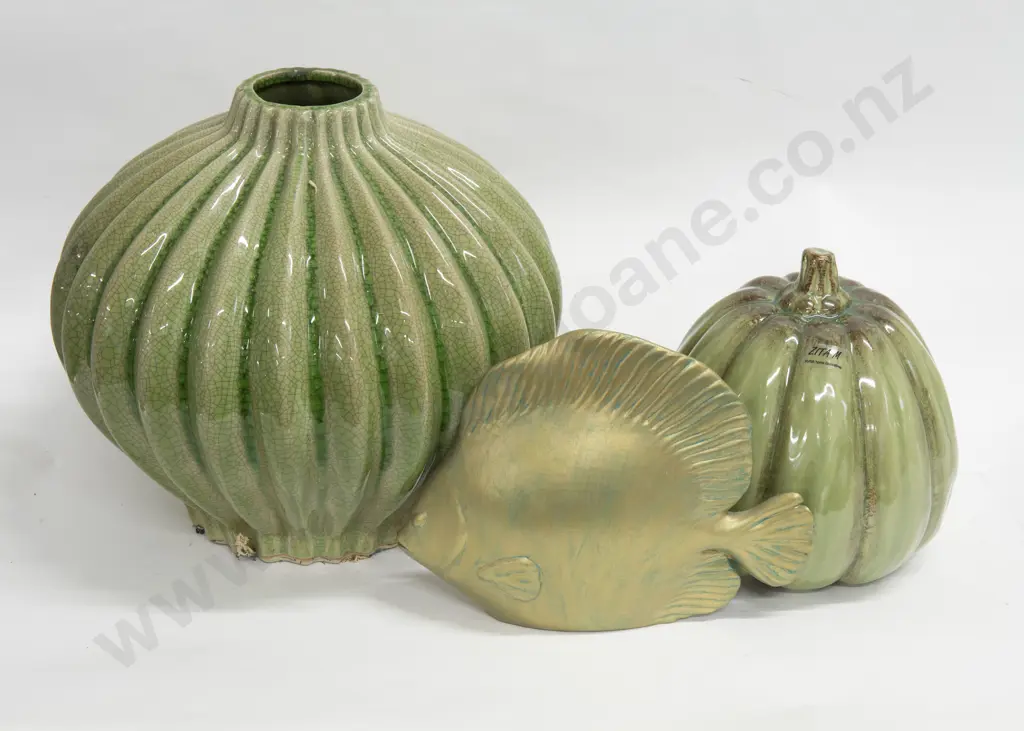 Green Glazed Vase together with Two Decorative Items Image 1++