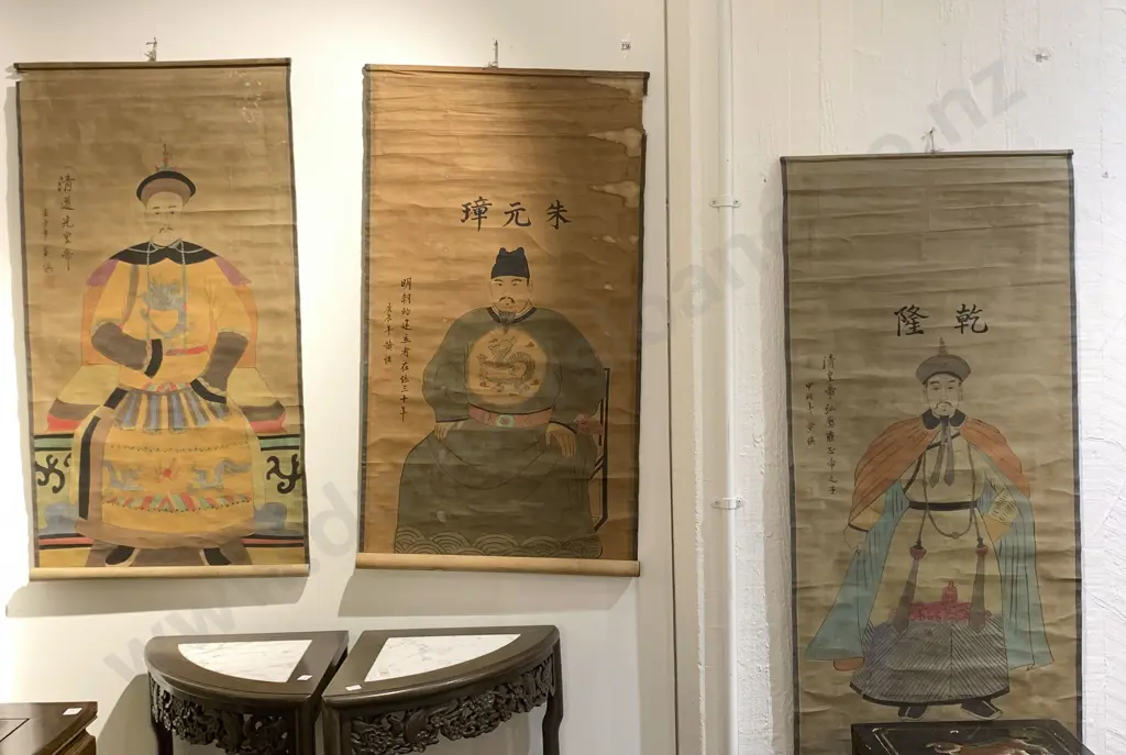 Three Chinese Scroll Paintings of Officials Image 1++