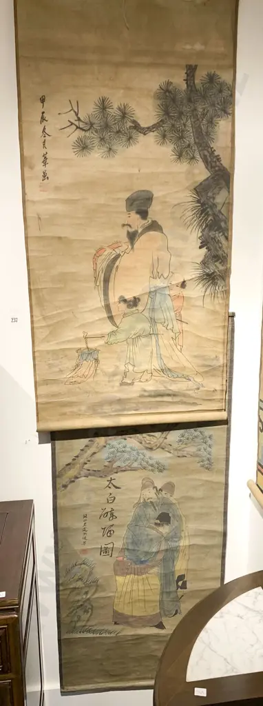 Two Chinese Scroll Paintings of Figures in a Landscape Image 1++