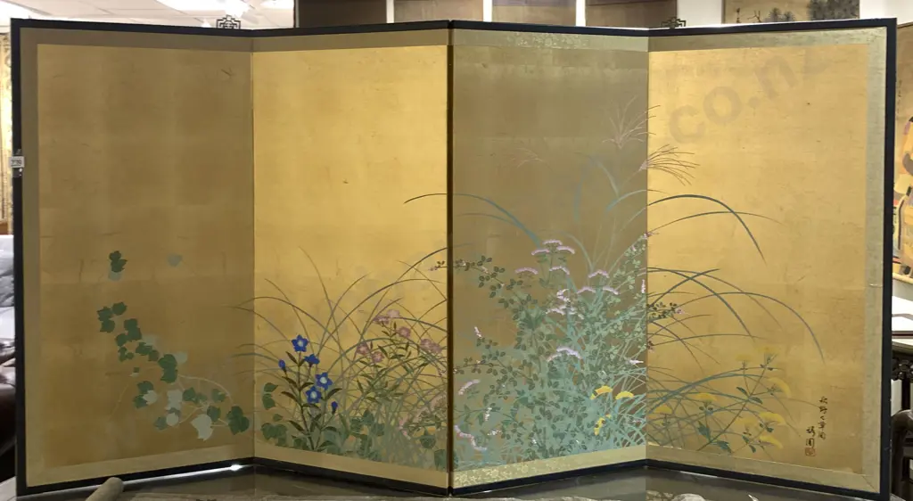Painted and Gilded Four Panel Screen Image 1++