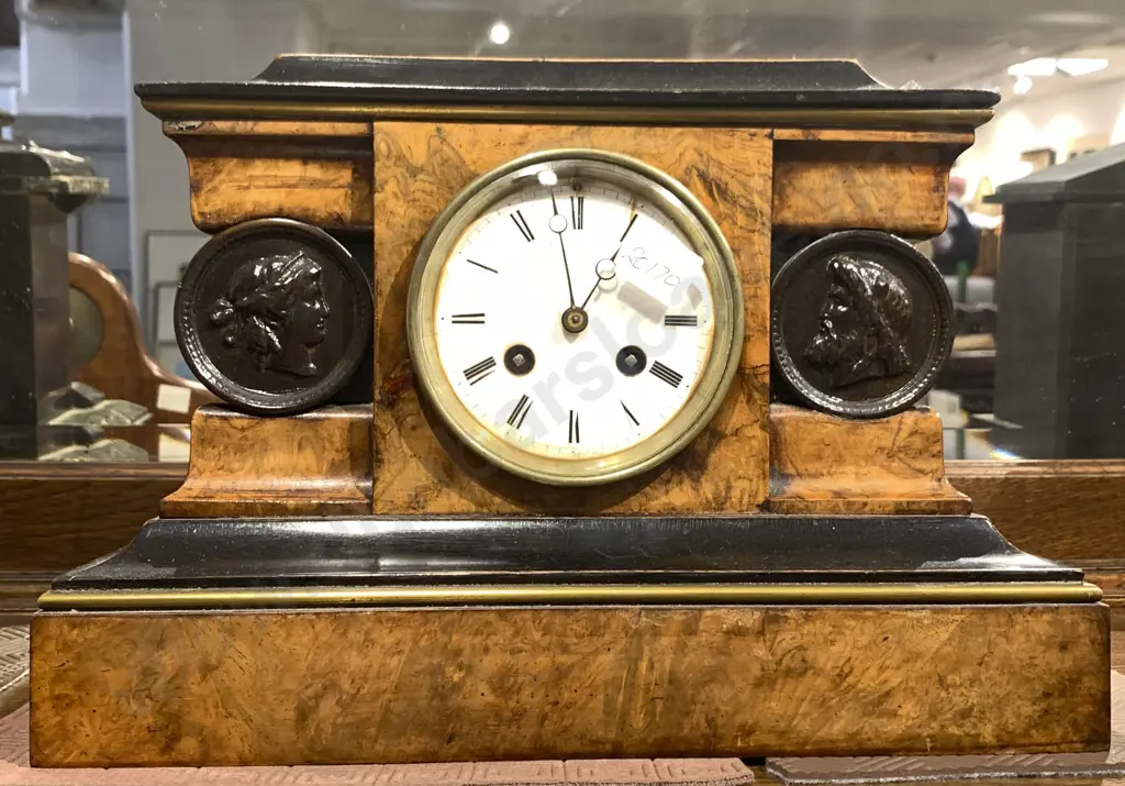 Victorian Burr Walnut and Ebonized Mantle Clock Image 1++
