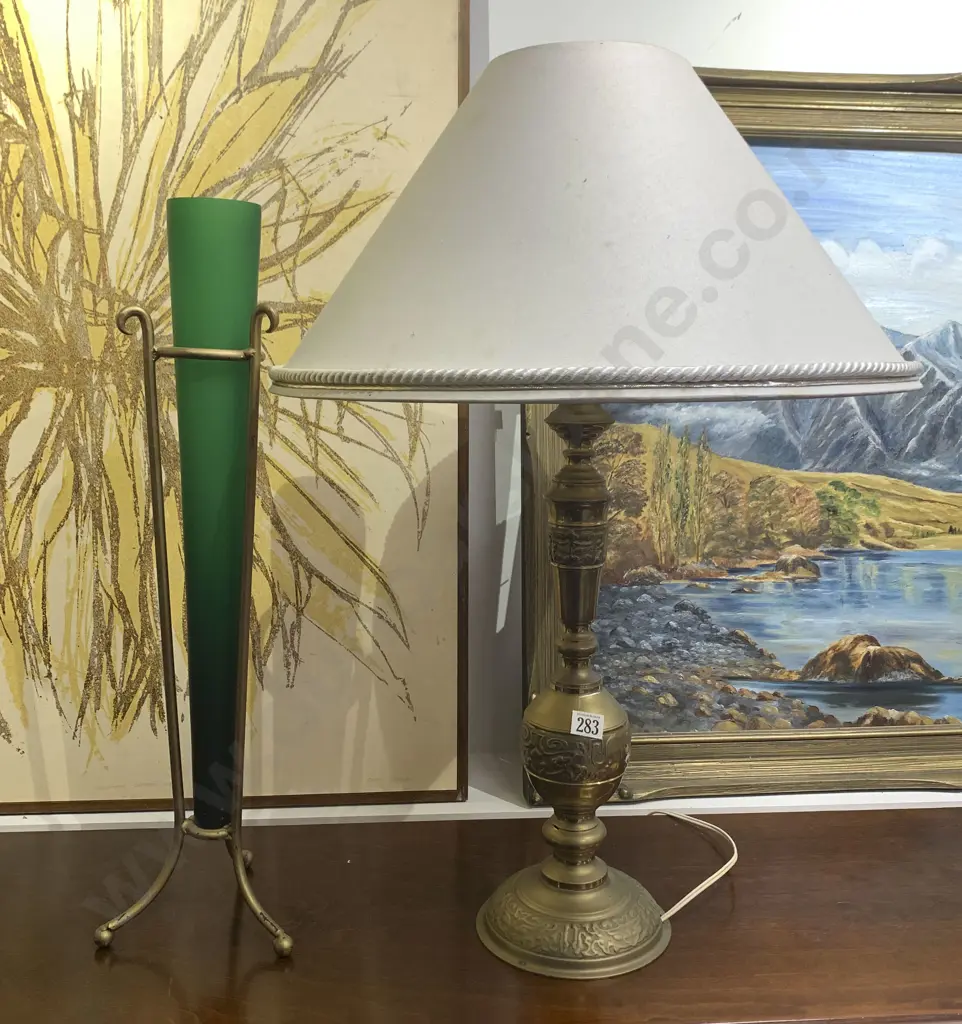 Brass Lamp and Glass Vase on Stand Image 1++