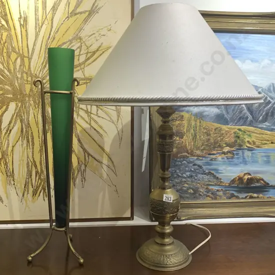 Brass Lamp and Glass Vase on Stand
