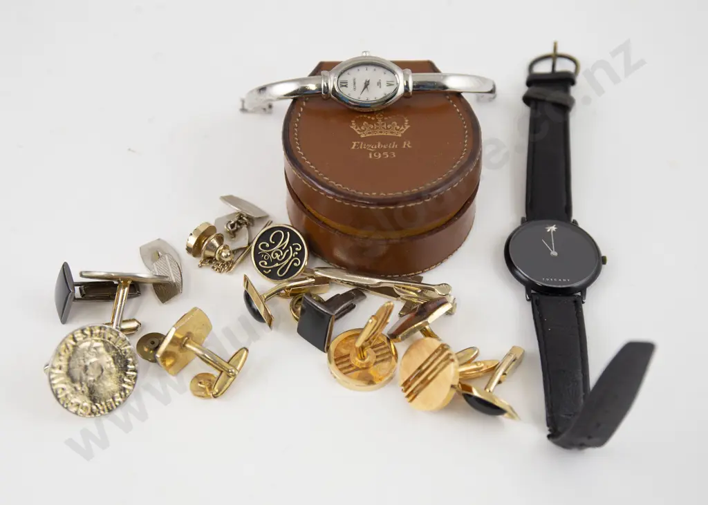 Boxed Fashion Time Wrist Watch with two others and various cufflinks and studs Image 1++