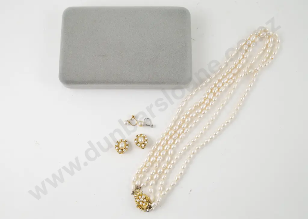 Triple Strand Freshwater Pearl Necklace with earrings Image 1++