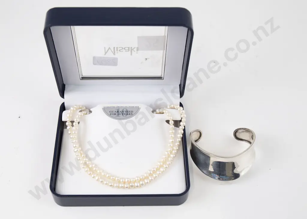 Freshwater Pearl Necklace and S/S Cuff Bangle Image 1++