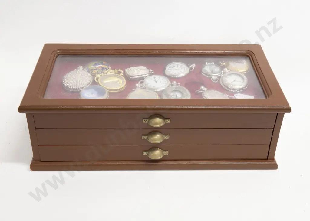 Display Case of 40 Decorative Pocket Watches Together With Two "The Pocketwatch Collective" Magazines Image 1++