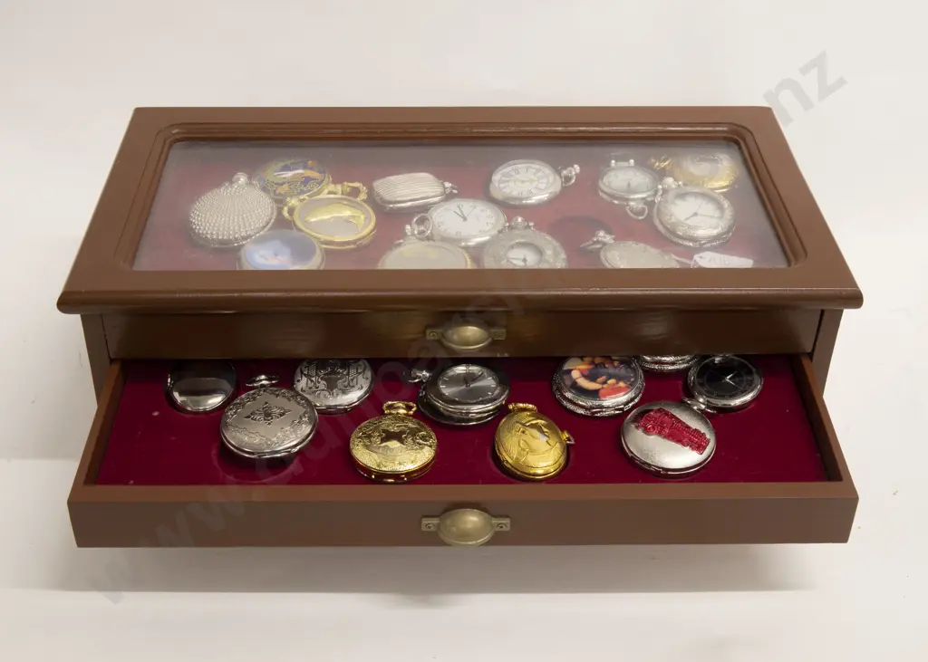 Display Case of 40 Decorative Pocket Watches Together With Two "The Pocketwatch Collective" Magazines Image 1++