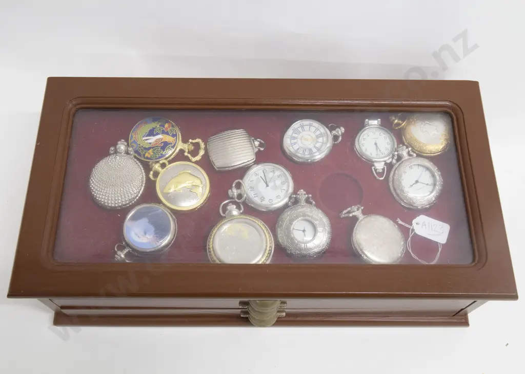 Display Case of 40 Decorative Pocket Watches Together With Two "The Pocketwatch Collective" Magazines Image 1++