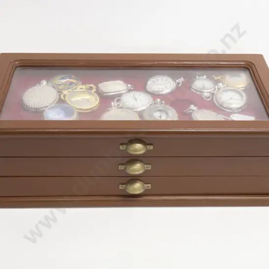 Display Case of 40 Decorative Pocket Watches Together With Two "The Pocketwatch Collective" Magazines