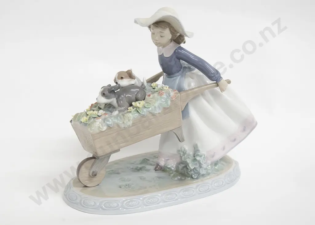 Lladro Figure Group of Girl with Wheelbarrow and Puppies (minor chips to flower petals) Image 1++