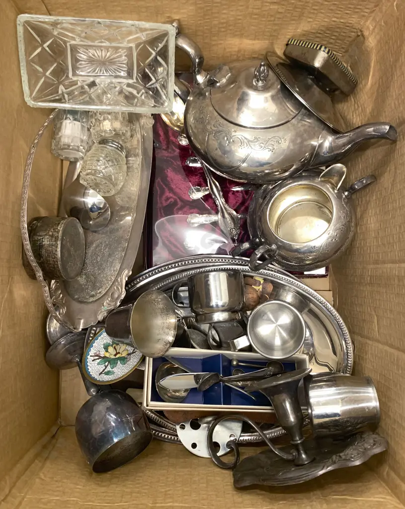 Box of Assorted Silver Plate Including Three Piece Coffee Set Image 1++