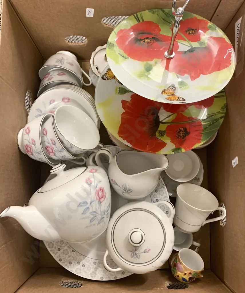 Box of Assorted Tea China Including Two Tier Cake Plate Image 1++