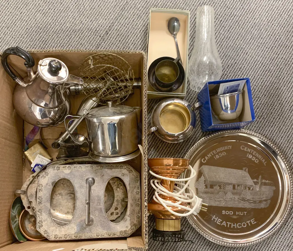 Box Quantity of Assorted Metal Ware Including Electrified Kerosene Lamp and Silver Plate etc Image 1++