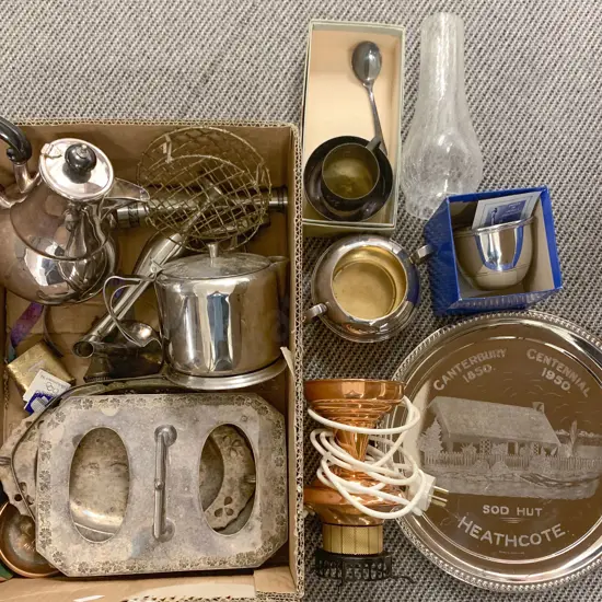 Box Quantity of Assorted Metal Ware Including Electrified Kerosene Lamp and Silver Plate etc