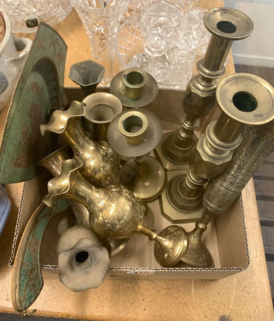 Small Box of Assorted Brass Candle Sticks and Vases Together with Crumb Tray etc Image 1++