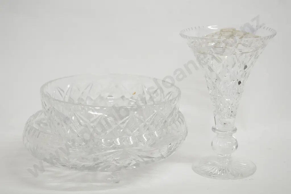 Two Crystal Fruit Bowls and Trumpet Shaped Vase Image 1++