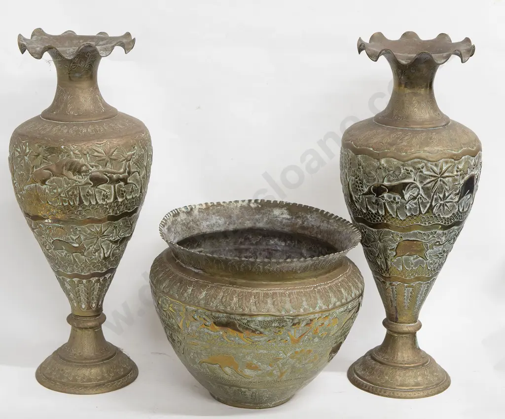 Pair Indian Brass Vases and Planter Image 1++