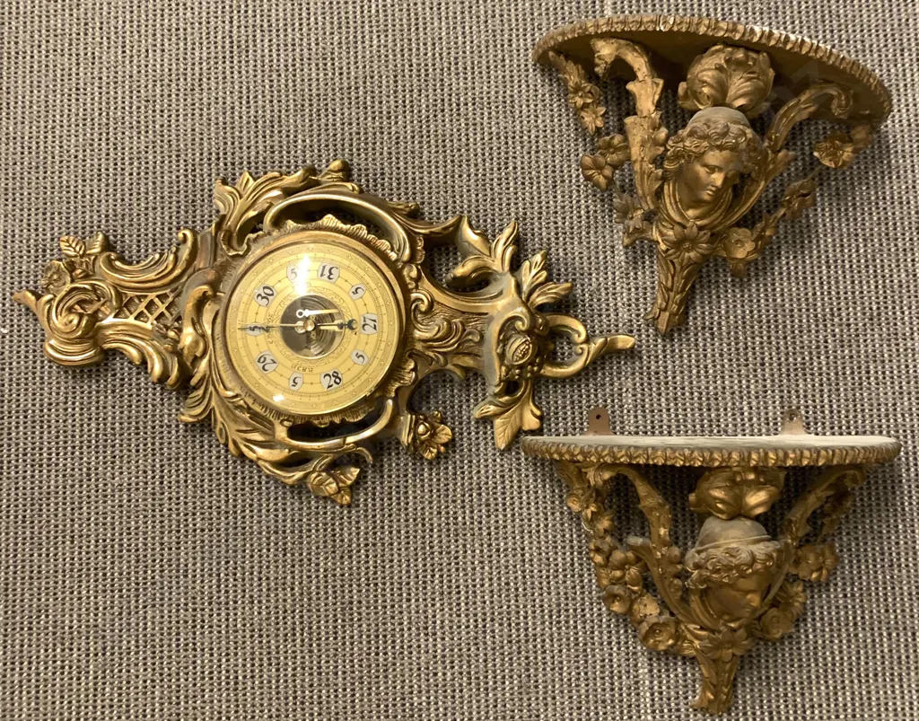 Ornate Gilt Barometer And Pair Wall Brackets Image 1++