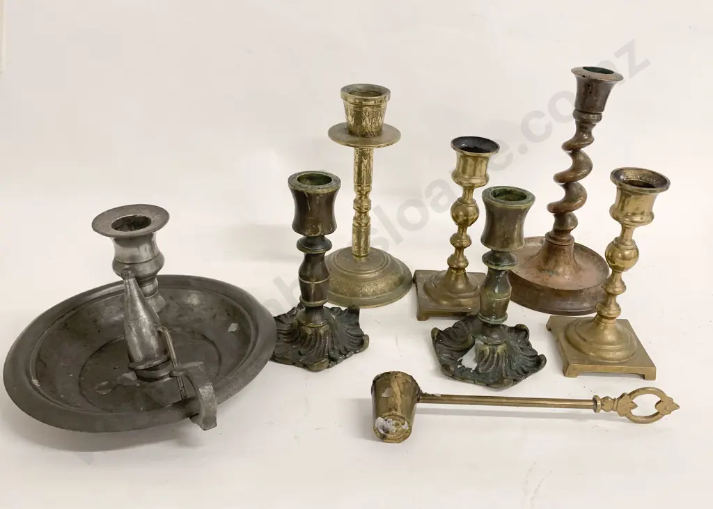 Box of Brass and Pewter Candle Sticks Image 1++