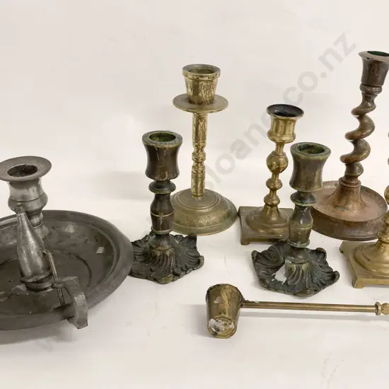 Box of Brass and Pewter Candle Sticks