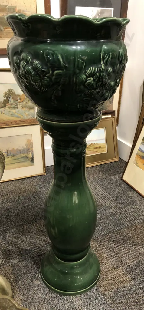 Green Glazed Planter and Stand Image 1++