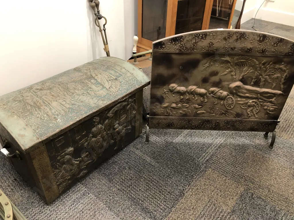 Embossed Brass Coal Box and Fire Screen Image 1++