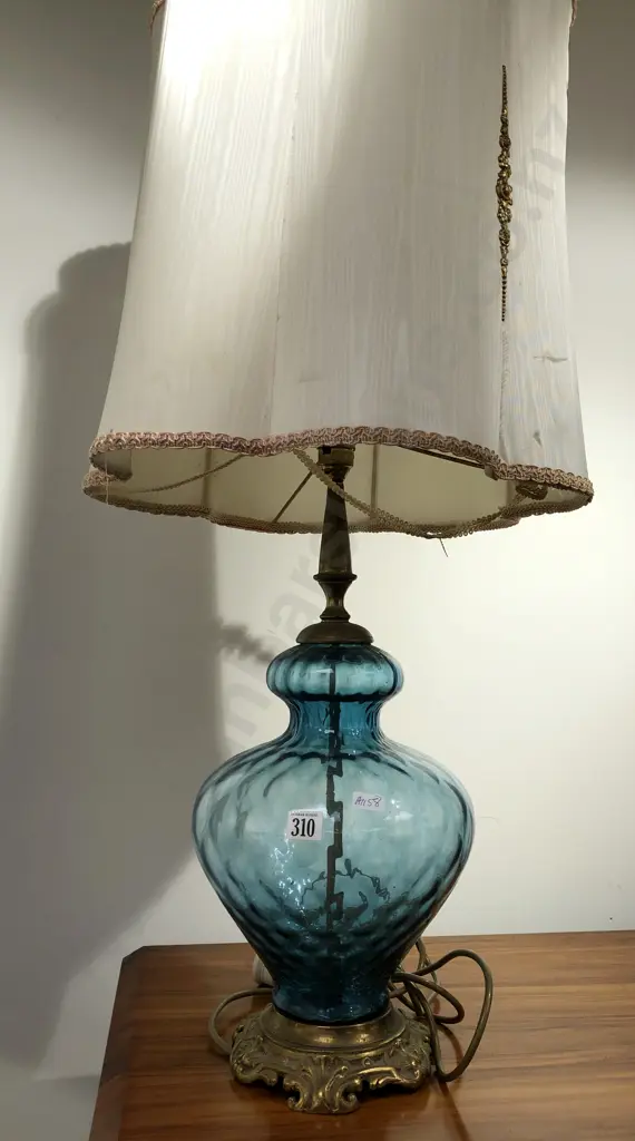 Brass and Blue Glass Table Lamp Image 1++
