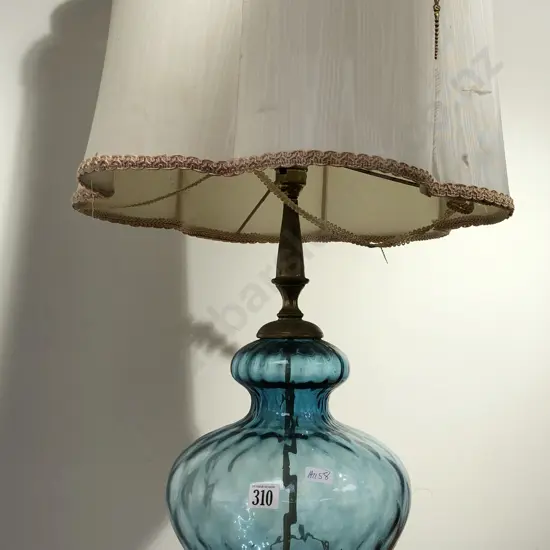 Brass and Blue Glass Table Lamp