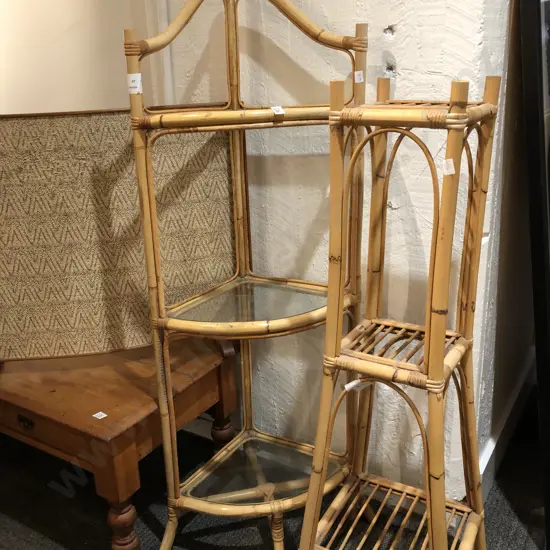 Two Cane Plant Stands and Fire Screen