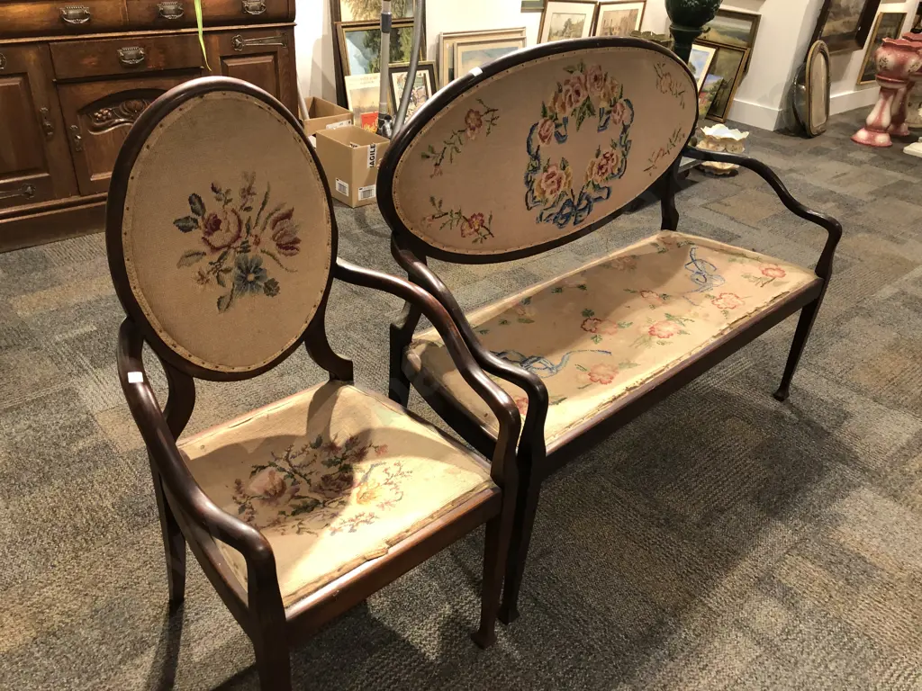 Edwardian Tapestry Upholstered Settee and Armchair Image 1++