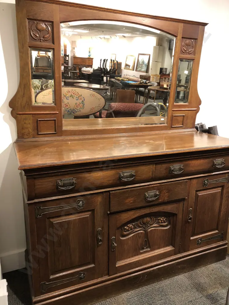 Art Nouveau Oak Mirror Back Sideboard Image 1++