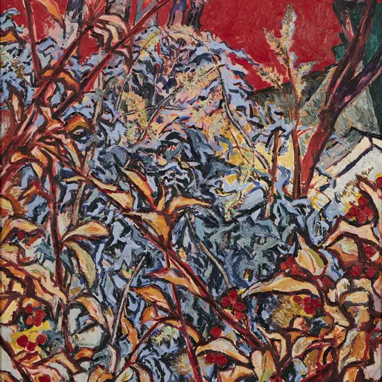 Philip Trusttum (b 1940) - Backyard with Trees and Houses