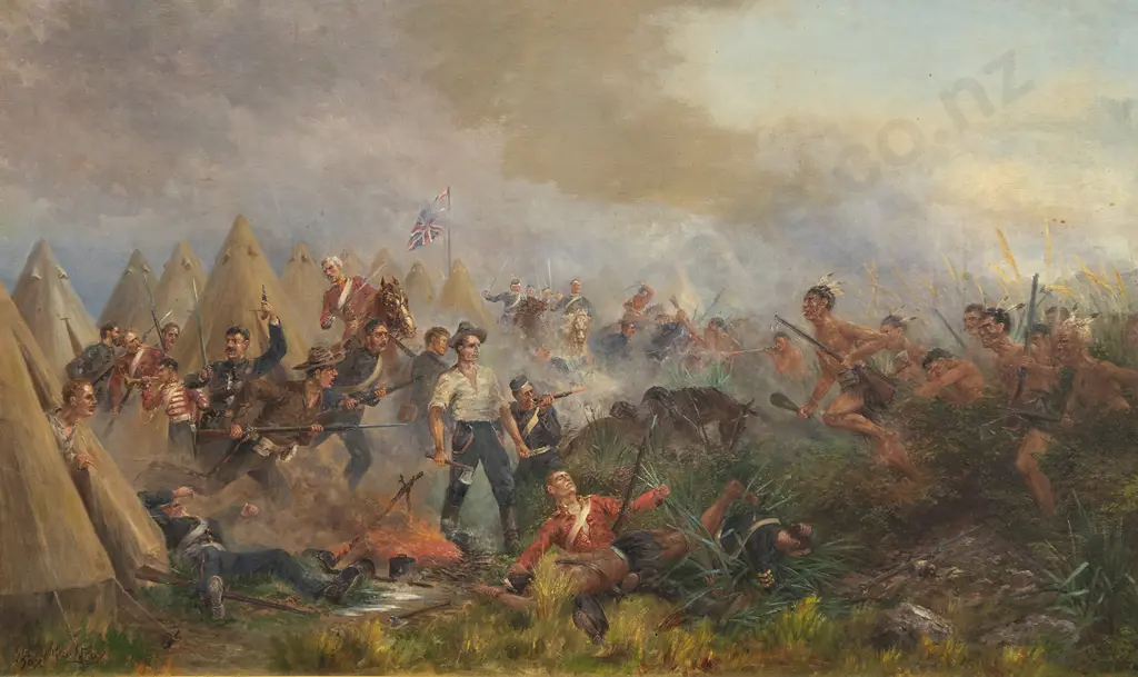 John Elder Moultray (1865-1922) - Attack on the British Camp at Nukumaru by Hautiaus-Maori War Image 1++