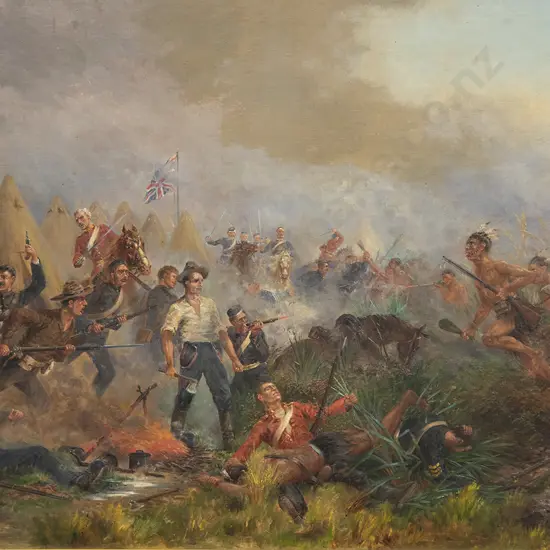 John Elder Moultray (1865-1922) - Attack on the British Camp at Nukumaru by Hautiaus-Maori War