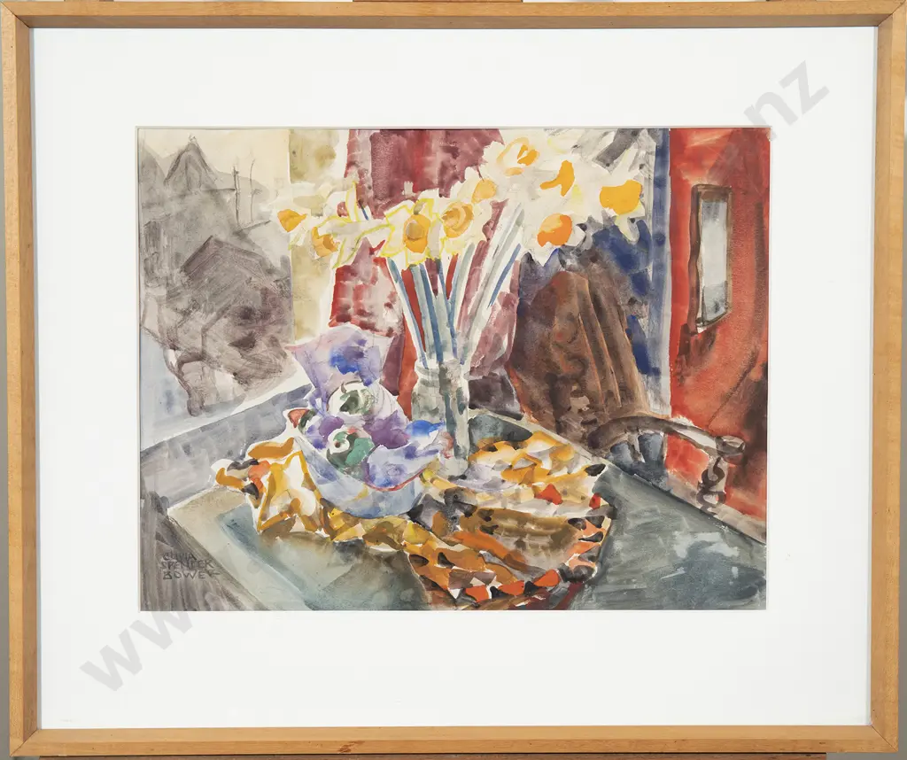 Olivia Spencer-Bower (1905-82) - Still Life with Daffodils & Fruit Image 1++