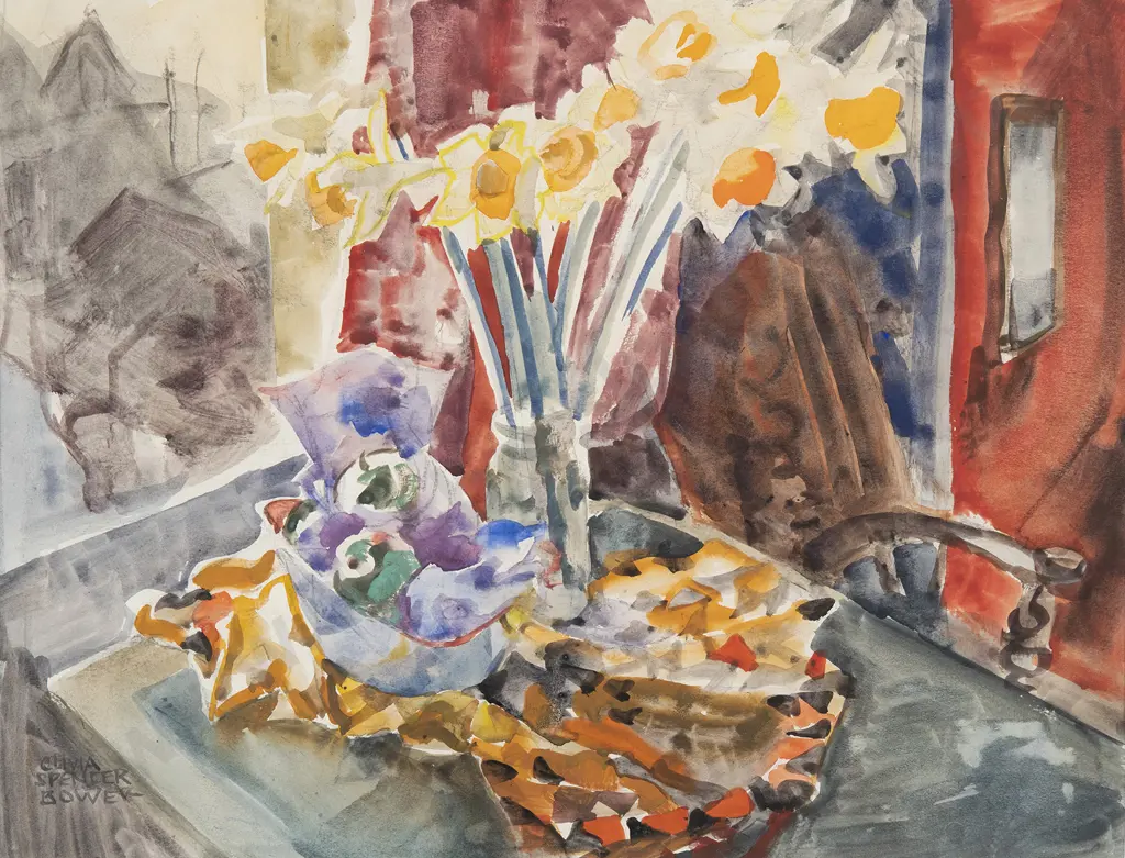 Olivia Spencer-Bower (1905-82) - Still Life with Daffodils & Fruit Image 1++