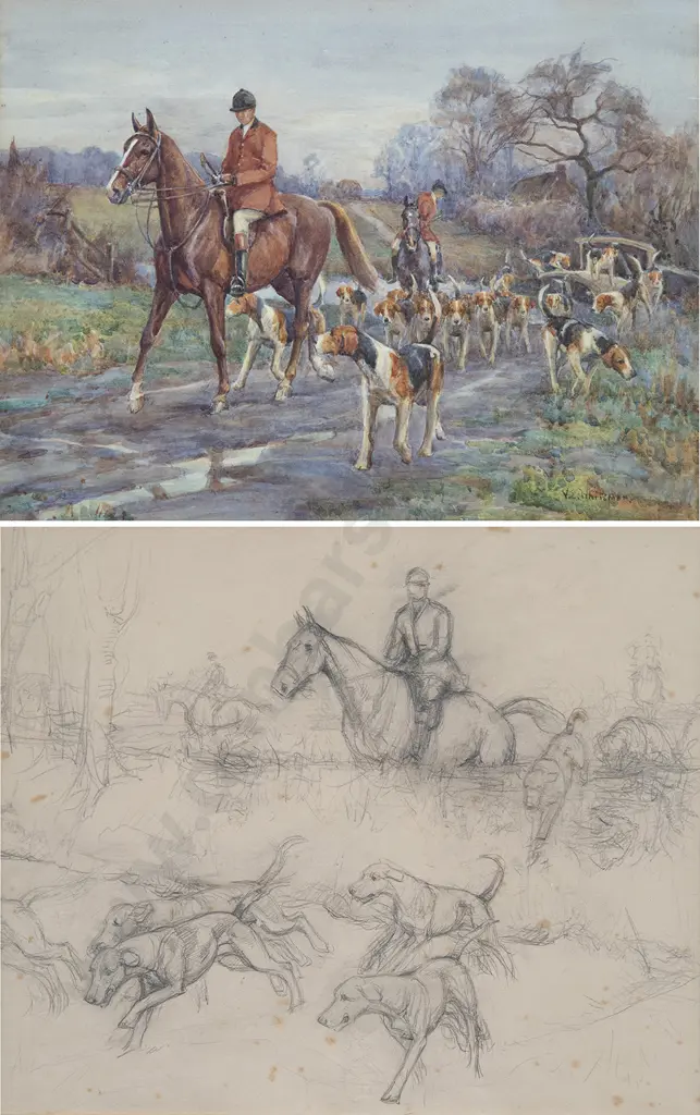 Vera Whiteman (1873-1952) - The Hunt with Preparatory Sketch (2) Image 1++